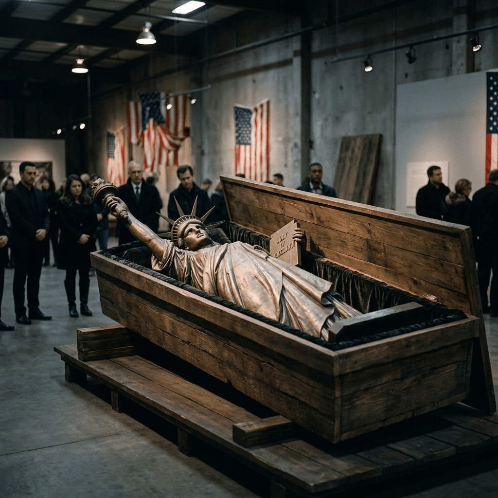Statue of Liberty figure lying in an open wooden coffin in an art gallery with American flags