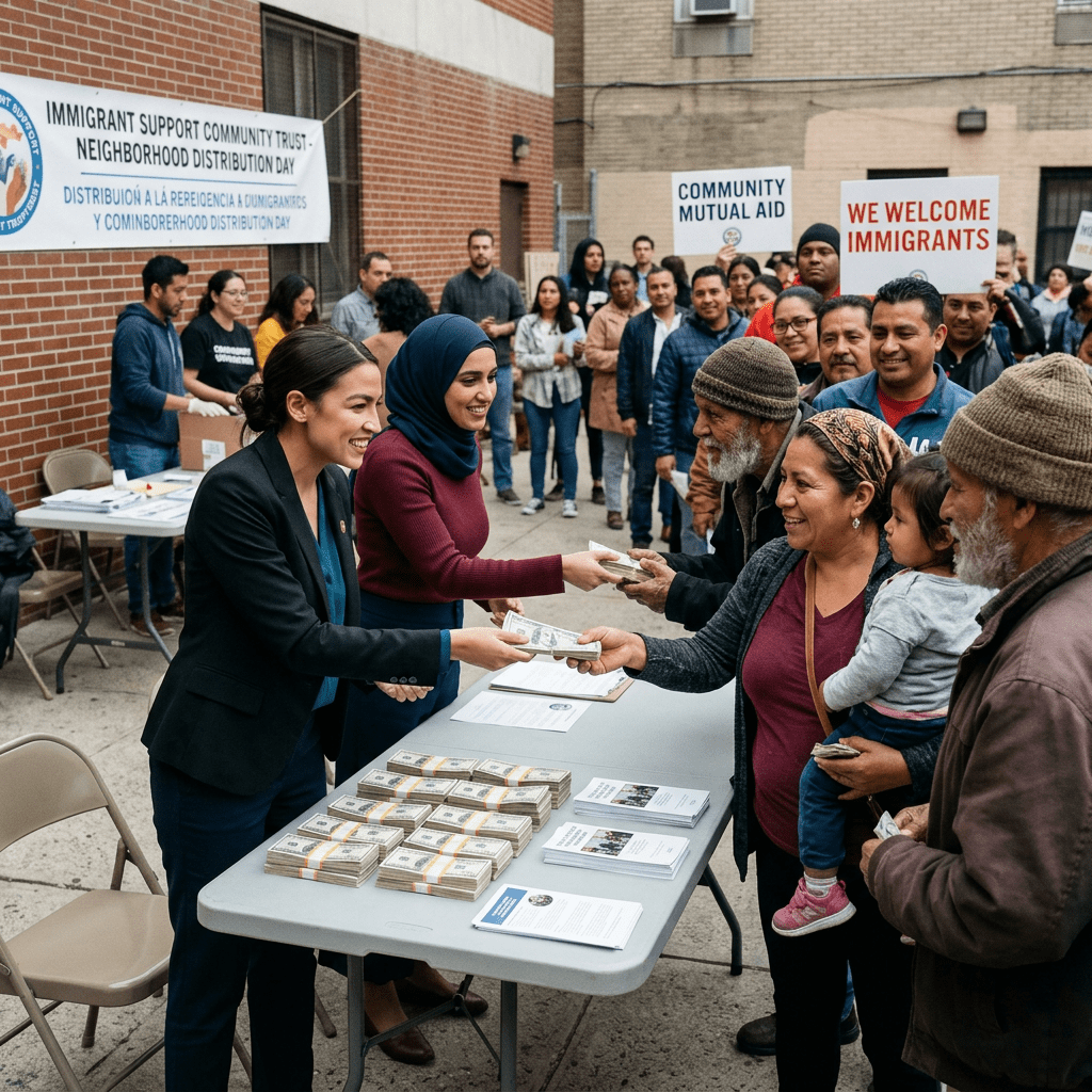 Volunteers handing out money to immigrants in a community aid event with supportive signs