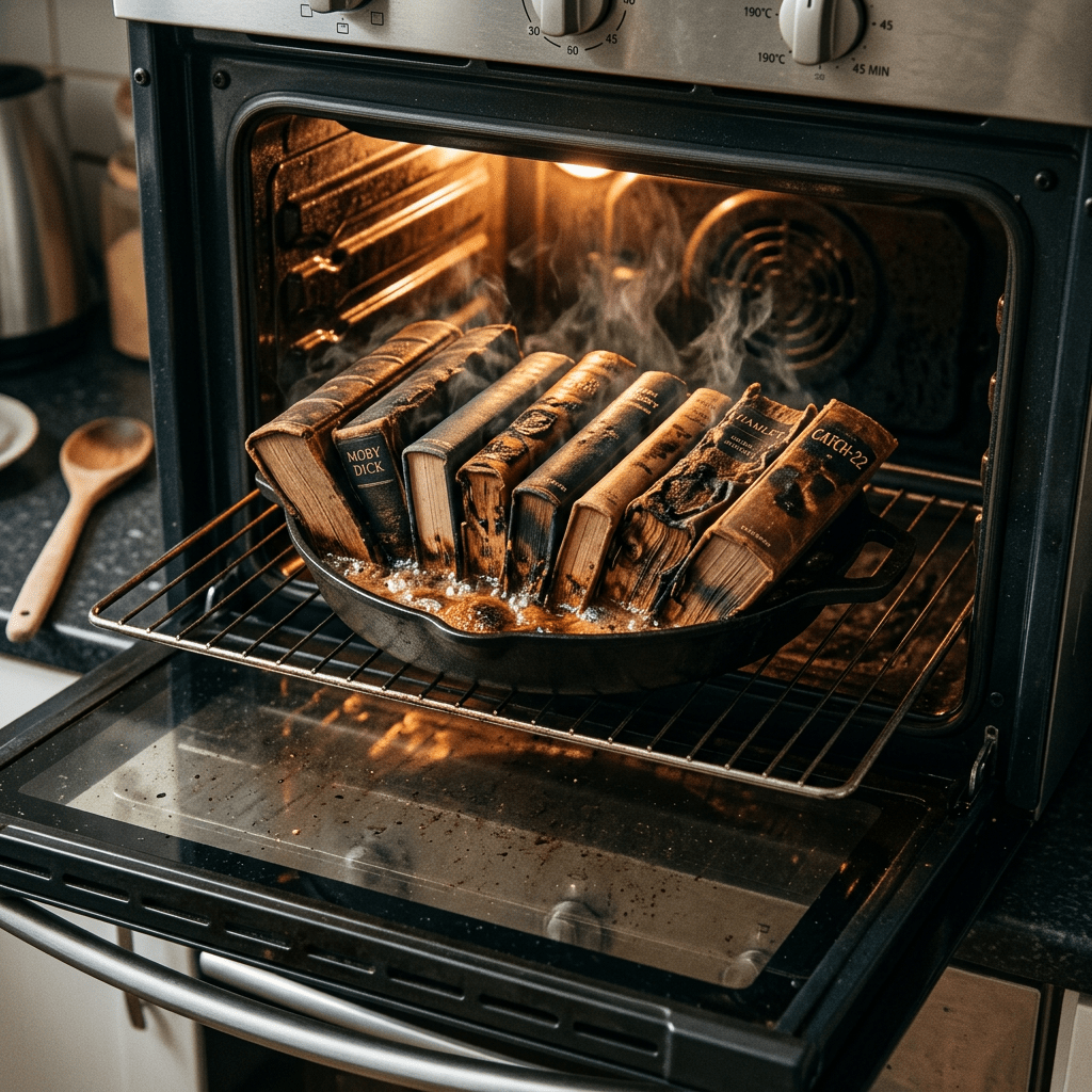 Classic novels including Moby Dick and Catch-22 arranged in a skillet inside an oven, appearing burnt with smoke rising