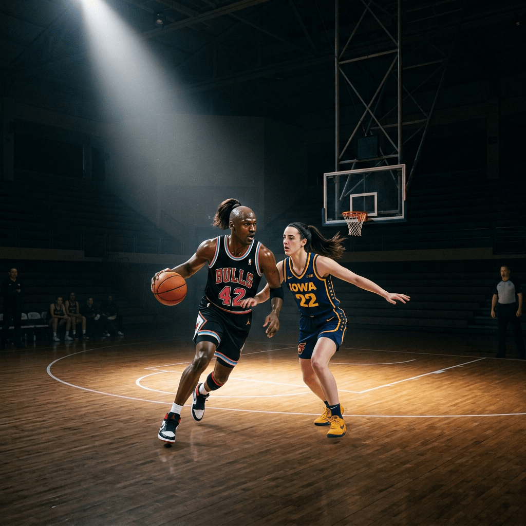 Empty basketball court with wooden floor and hoop illuminated by spotlight