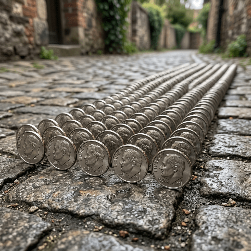 Multiple rows of US dimes standing upright on a cobblestone street