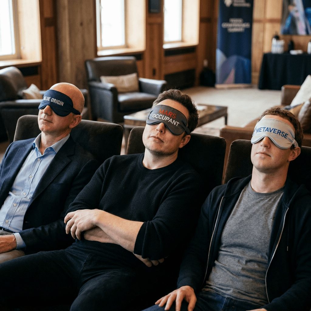 Three men sitting with sleep masks labeled Blue Origin, Mars Occupant, and Metaverse