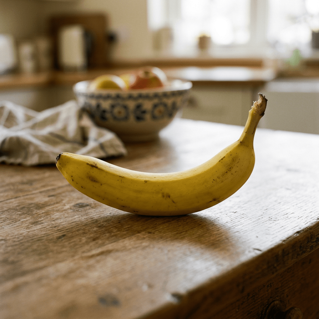 Ripe yellow banana on wooden kitchen countertop with blurred fruit bowl behind