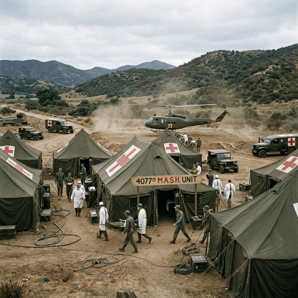 Mobile Army Surgical Hospital tents with medical staff, soldiers, and a medevac helicopter