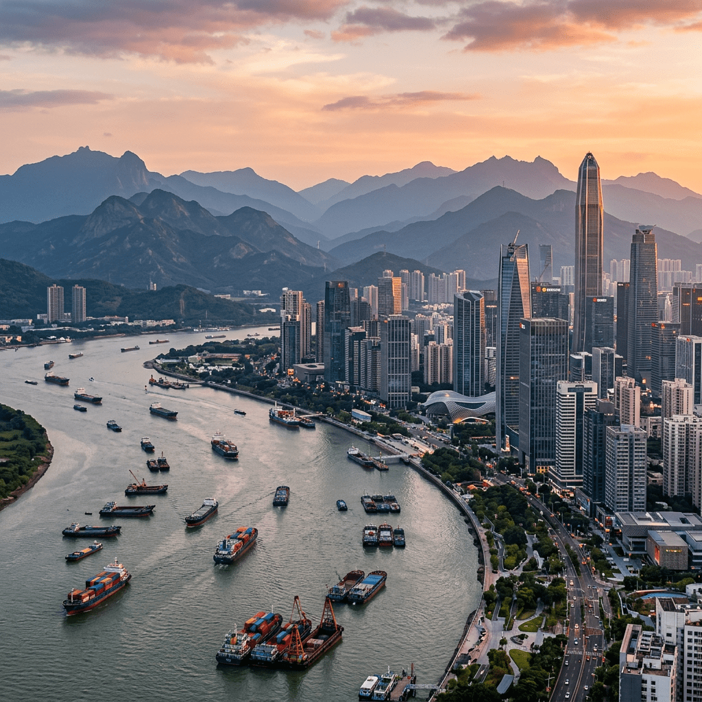 Shenzhen skyline and cargo ships along a river at sunset