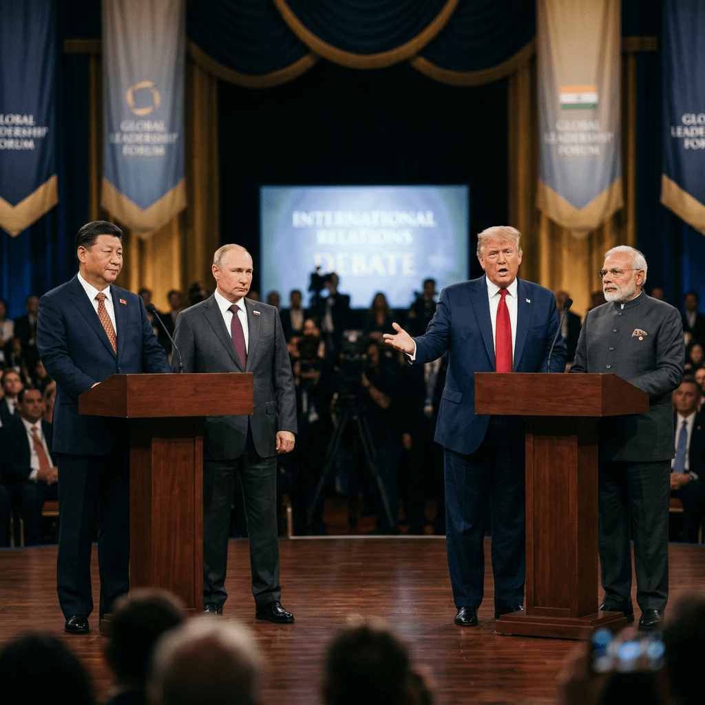 Xi Jinping, Vladimir Putin, Donald Trump, and Narendra Modi at podiums