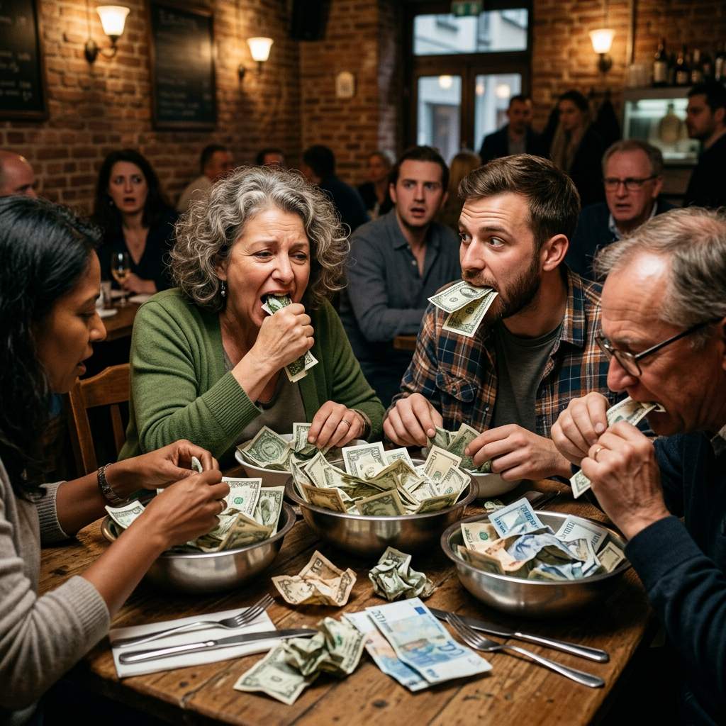 Diners eating banknotes from bowls in a warmly lit restaurant