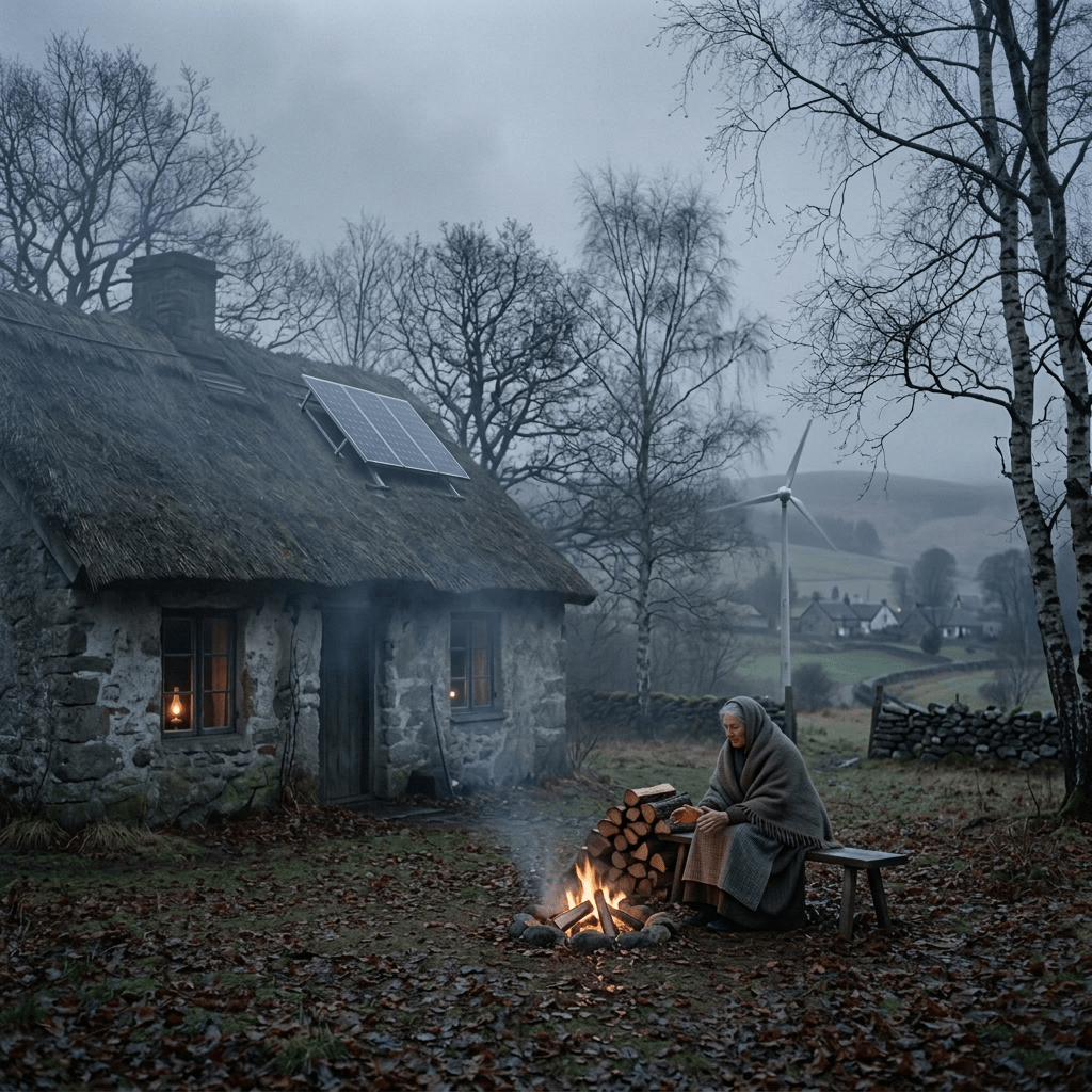 Woman sitting beside a fire outside a thatched stone cottage