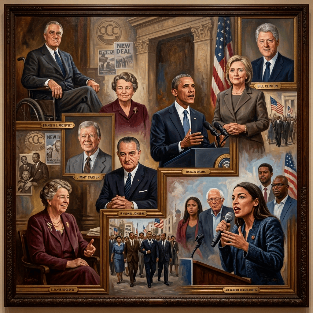 Collage of Roosevelt, Obama, Johnson, Clinton, Kennedy, and AOC