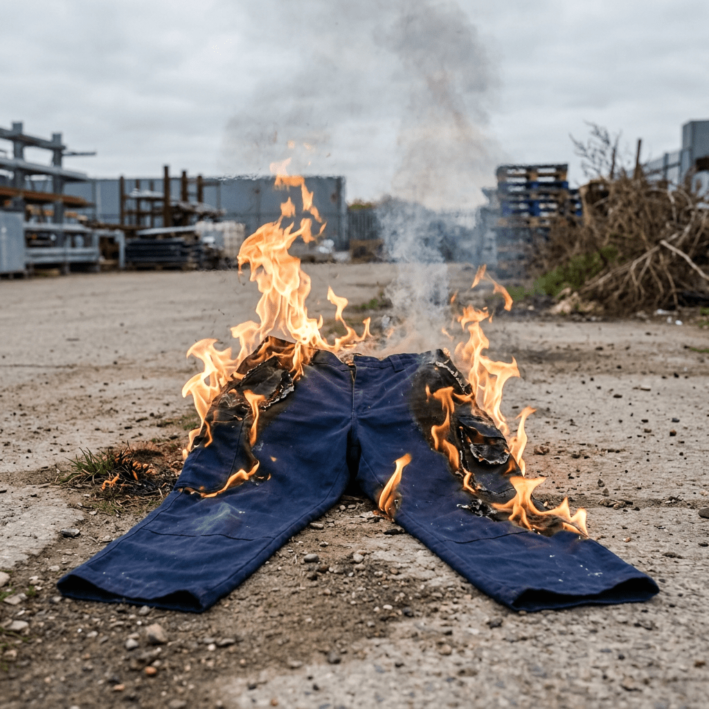 pants engulfed in flames