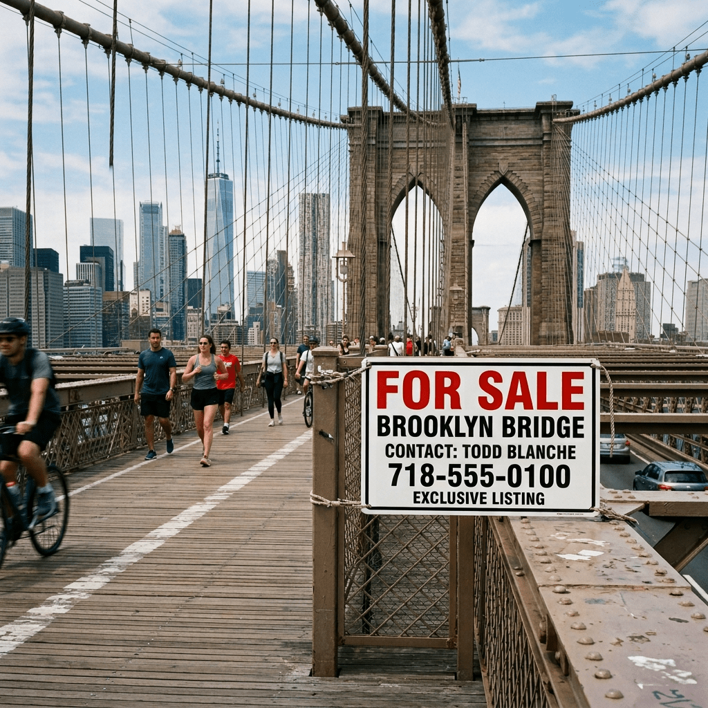 For Sale Brooklyn Bridge sign with contact details on bridge walkway