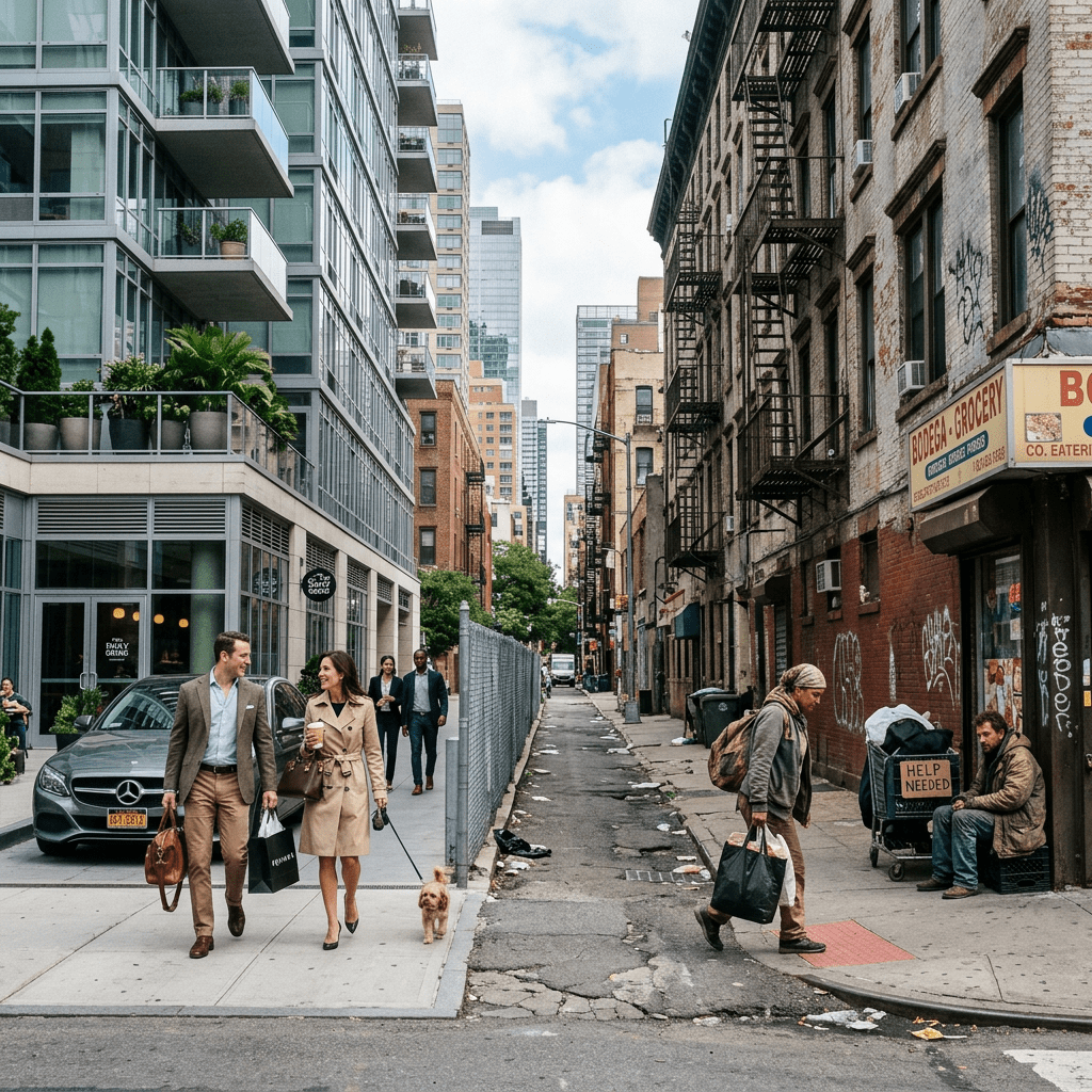 Urban street with modern apartments, pedestrians, storefronts, and people experiencing homelessness