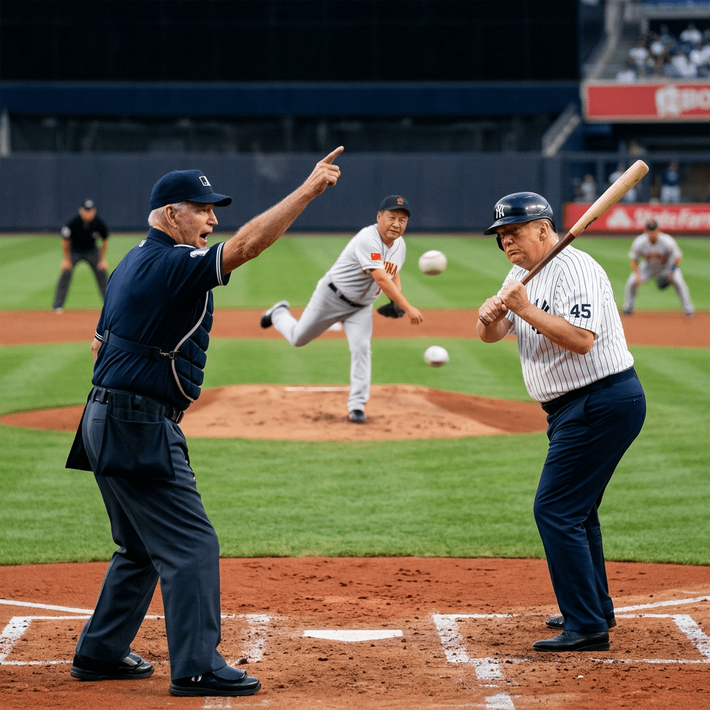 Baseball official gesturing beside batter as pitcher throws ball