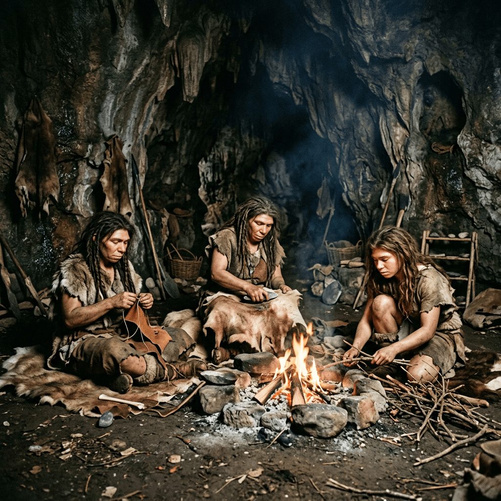 Three prehistoric people working with hides beside a fire in a cave