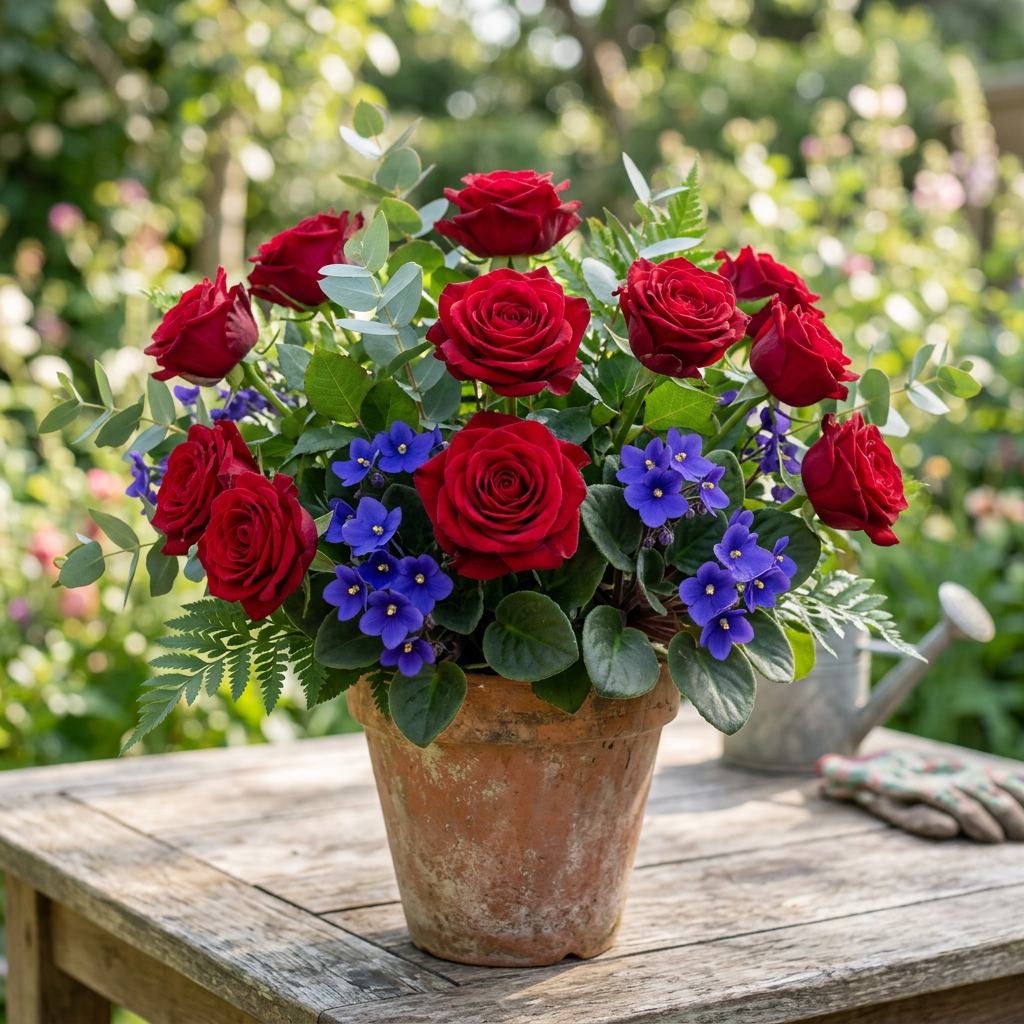 Potted bouquet of red roses and purple flowers on a wooden garden table