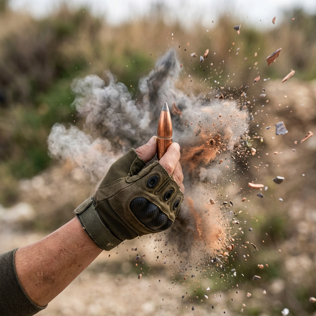 Woman in tactical clothing practices amid dust and debris outdoors