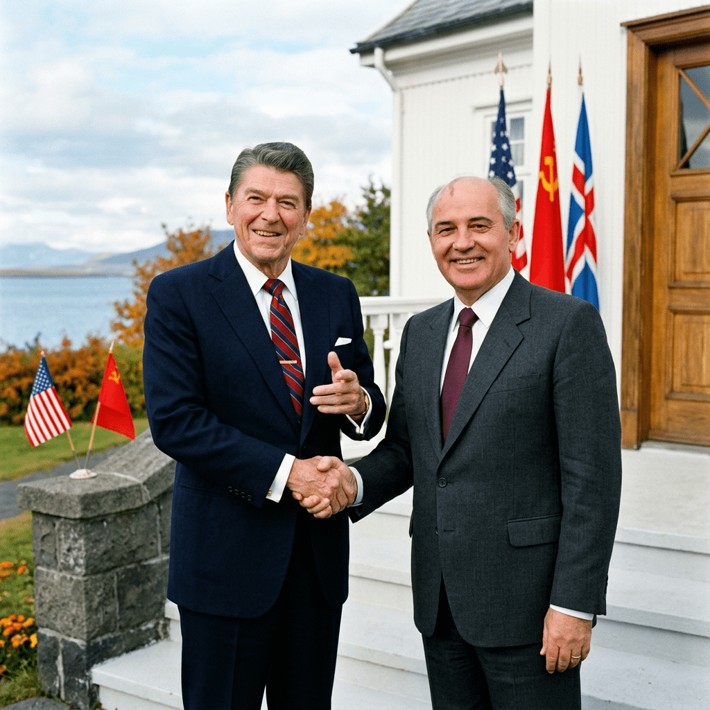 Ronald Reagan and Mikhail Gorbachev shaking hands beside American and Soviet flags