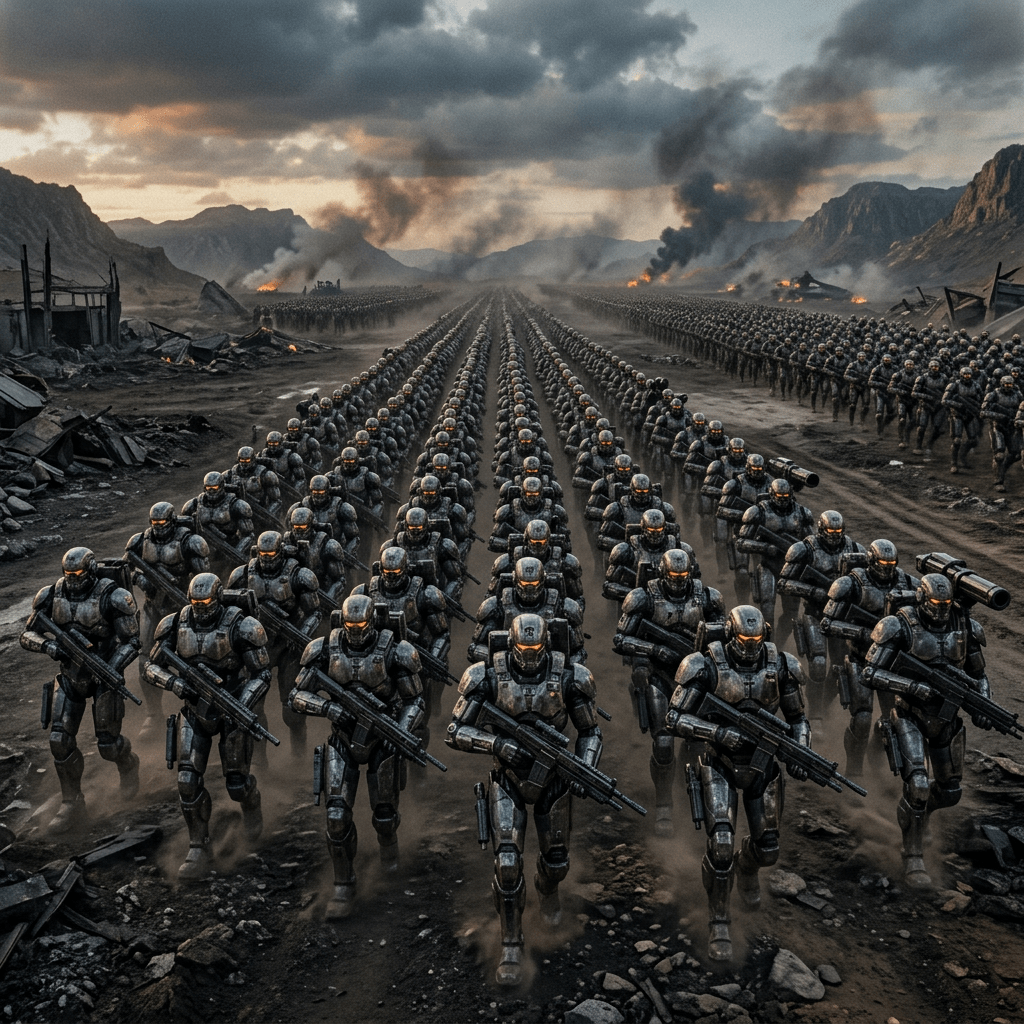 Rows of armored soldiers carrying rifles advance through a burning mountain battlefield