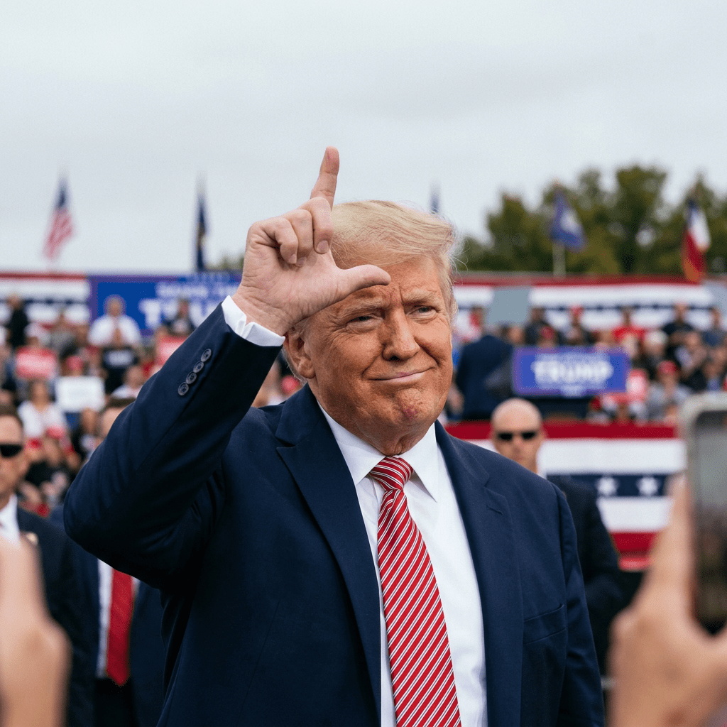Donald Trump raising one hand at an outdoor campaign rally