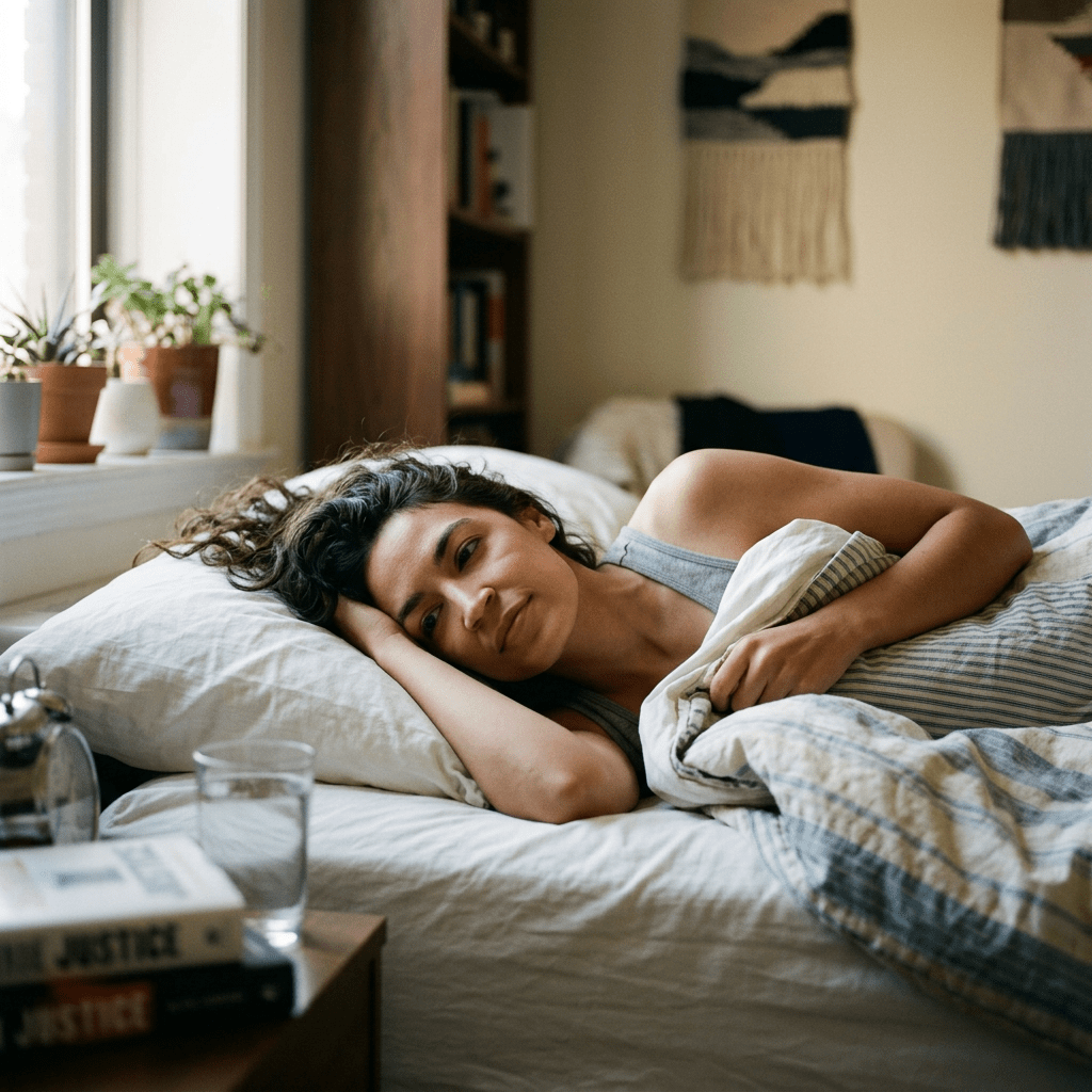 Woman resting in bed beside a window with houseplants