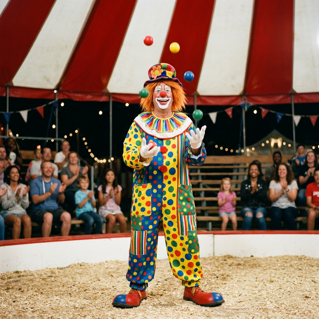 Colorfully dressed clown juggling balls in a circus ring before an applauding audience