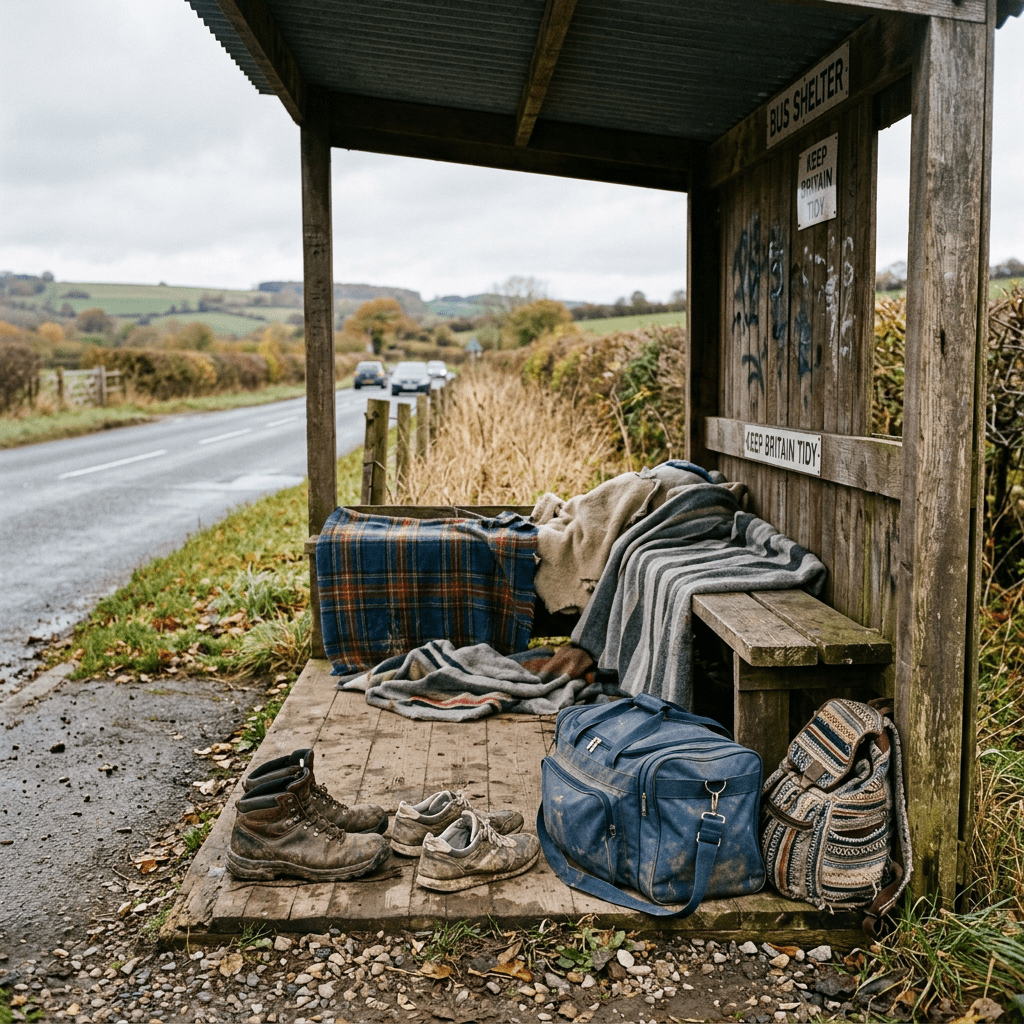 Blankets, shoes, and bags arranged inside a rural bus shelter