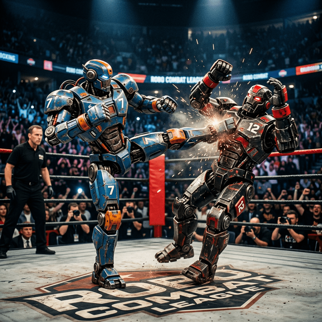 Blue and red robots fighting in a boxing ring before a cheering crowd