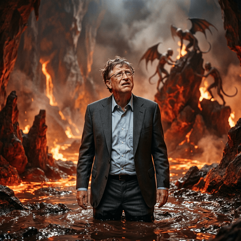 A businessman stands in fiery water surrounded by demons