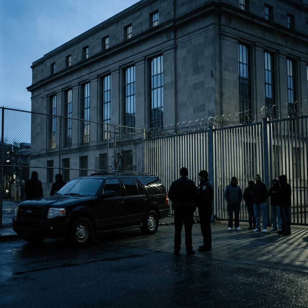 Police officers and civilians outside a fenced building with a parked SUV