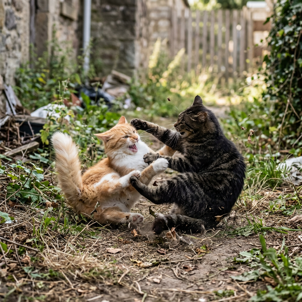 Orange-and-white and black tabby cats playfully wrestling outdoors
