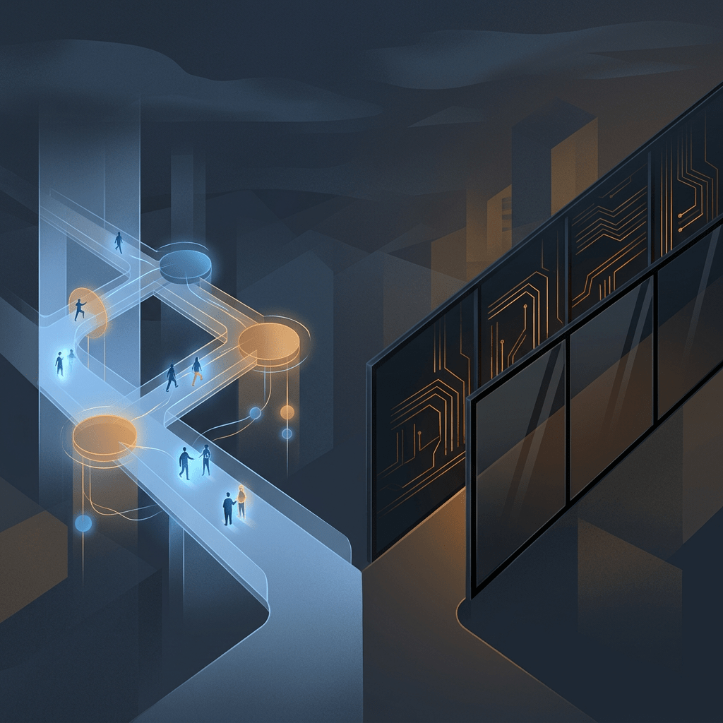 Futuristic network pathways connecting people, glowing nodes, and circuit patterns