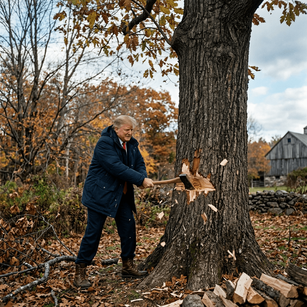 Donald Trump chopping a large tree in an autumn landscape
