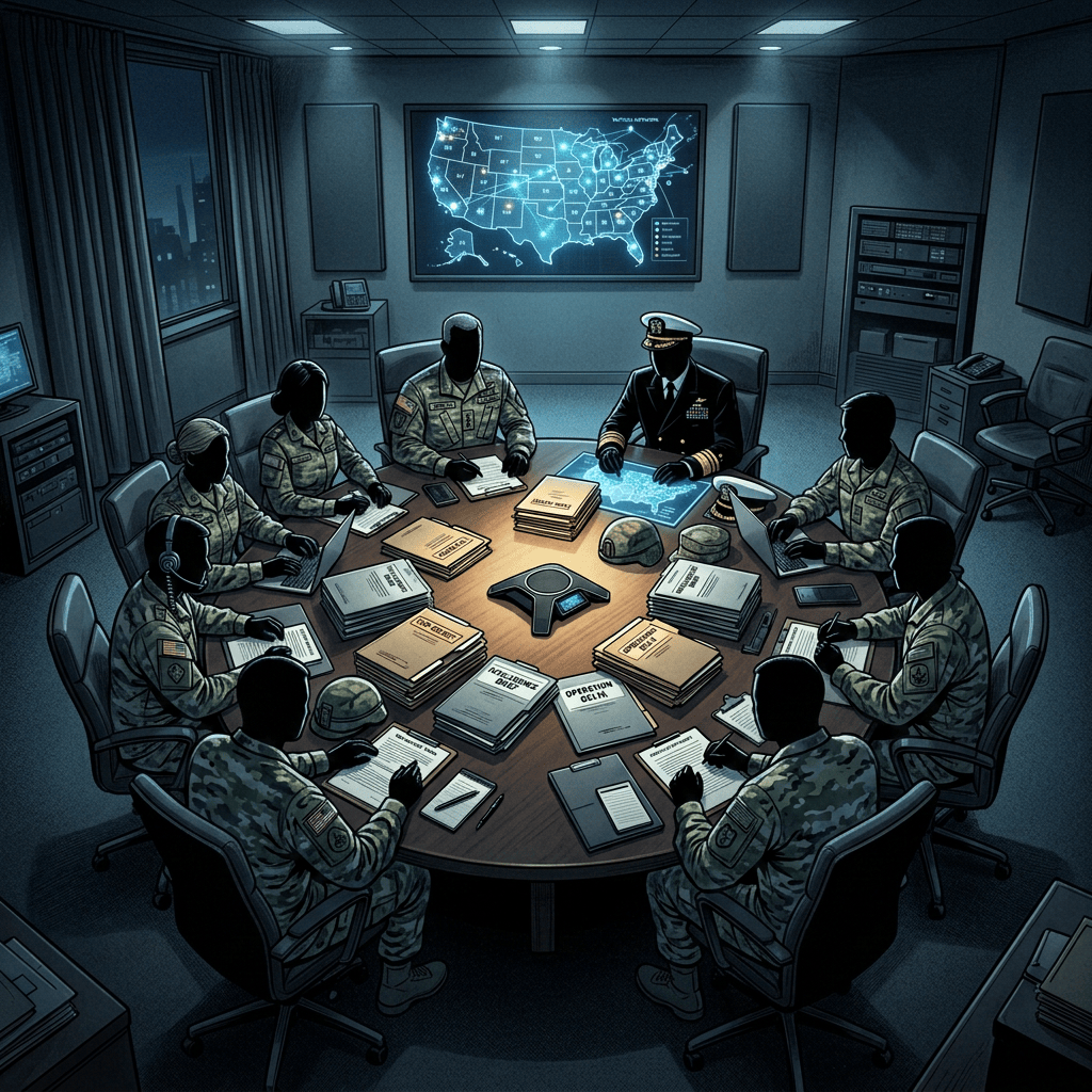 Team meeting around a table beneath a glowing United States map