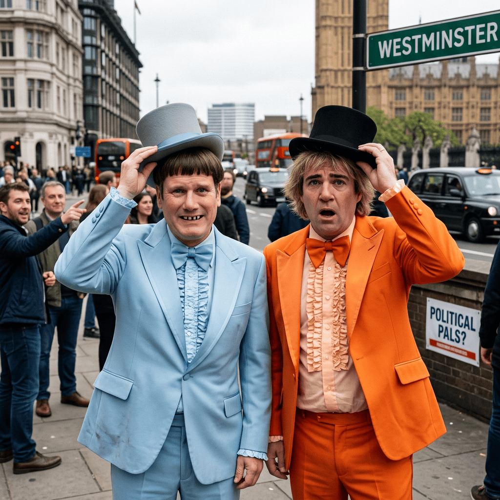 Two men in colorful suits near Westminster; signs read “WESTMINSTER” and “POLITICAL PALS?”