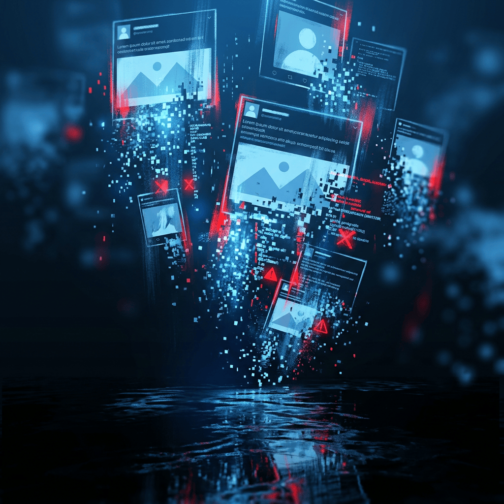 Glowing social media screens fragmenting into pixels with red cybersecurity warning symbols