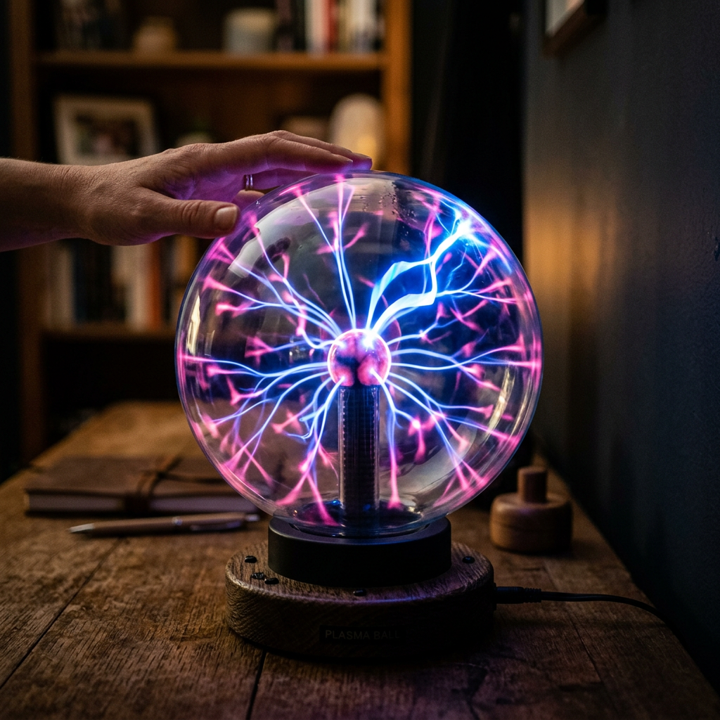 Hand touching a glowing plasma ball with pink and blue electrical filaments