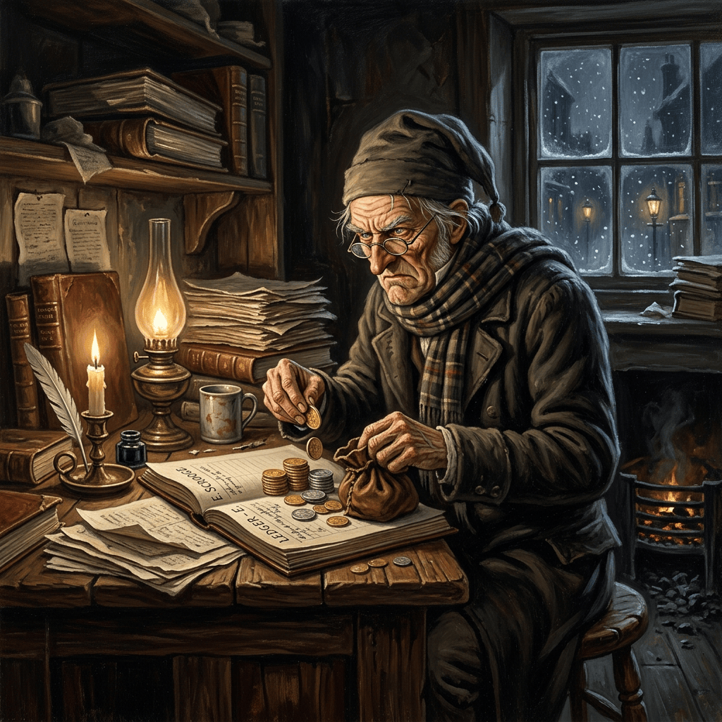 Elderly man counting coins beside a ledger, candles, and a snowy window