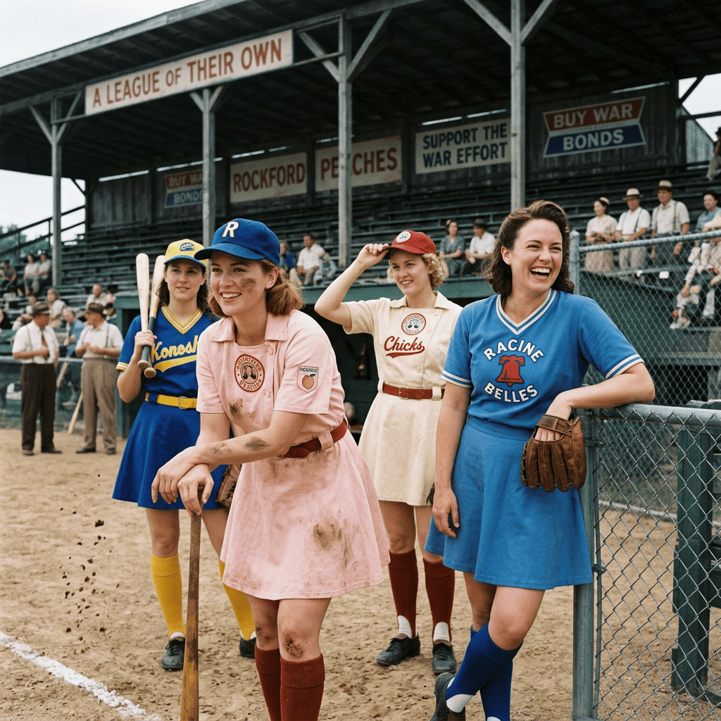 Four women baseball players in vintage uniforms at a ballpark