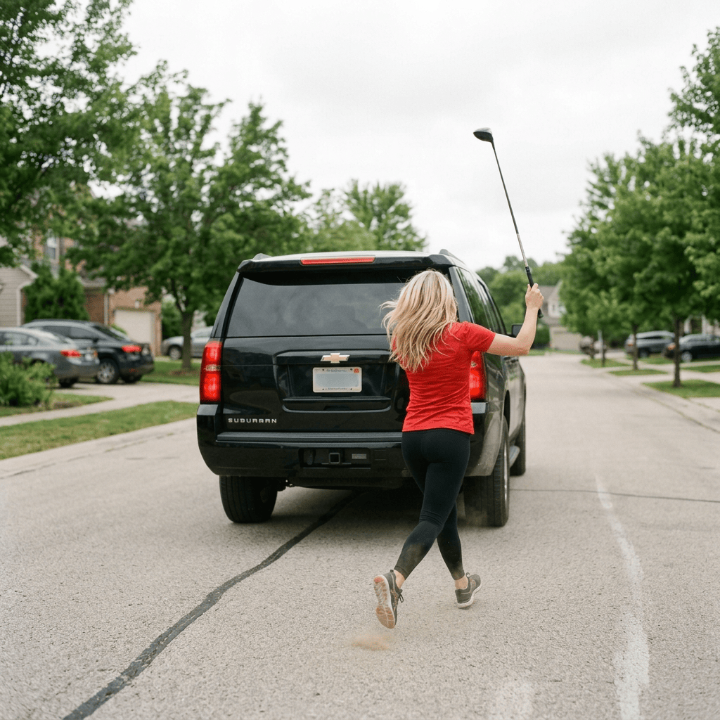 Woman swinging a golf club beside a parked black SUV