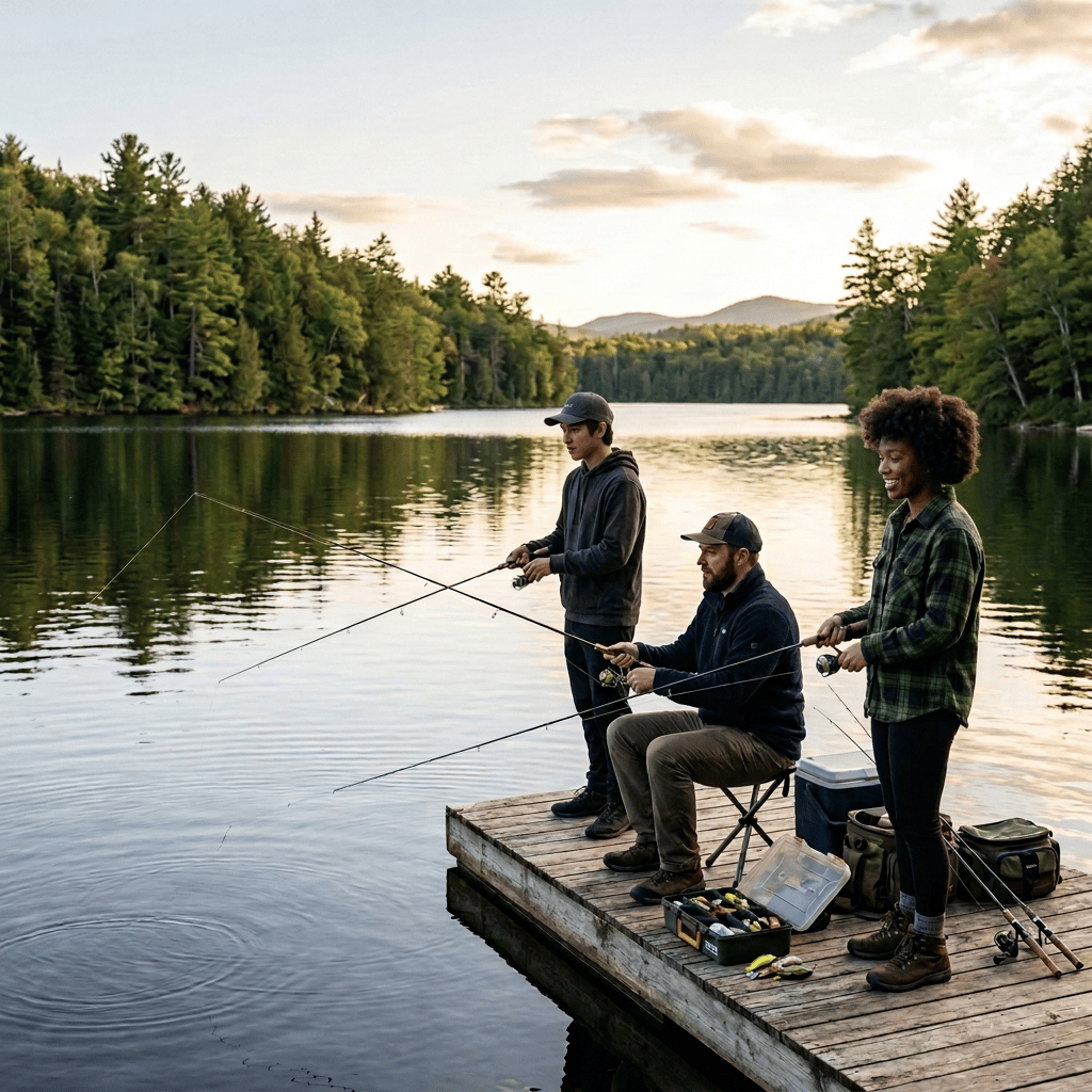 Three friends fishing from a dock on a forest lake