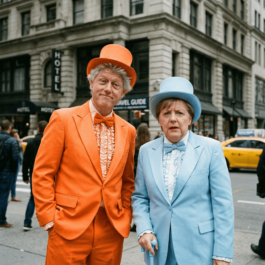 Two performers in orange and blue suits pose outside a city hotel