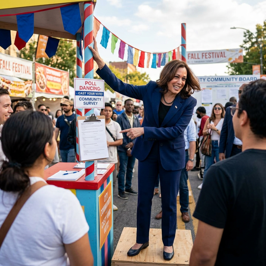 Woman pointing beside “POLL DANCING—CAST YOUR VOTE! COMMUNITY SURVEY” booth