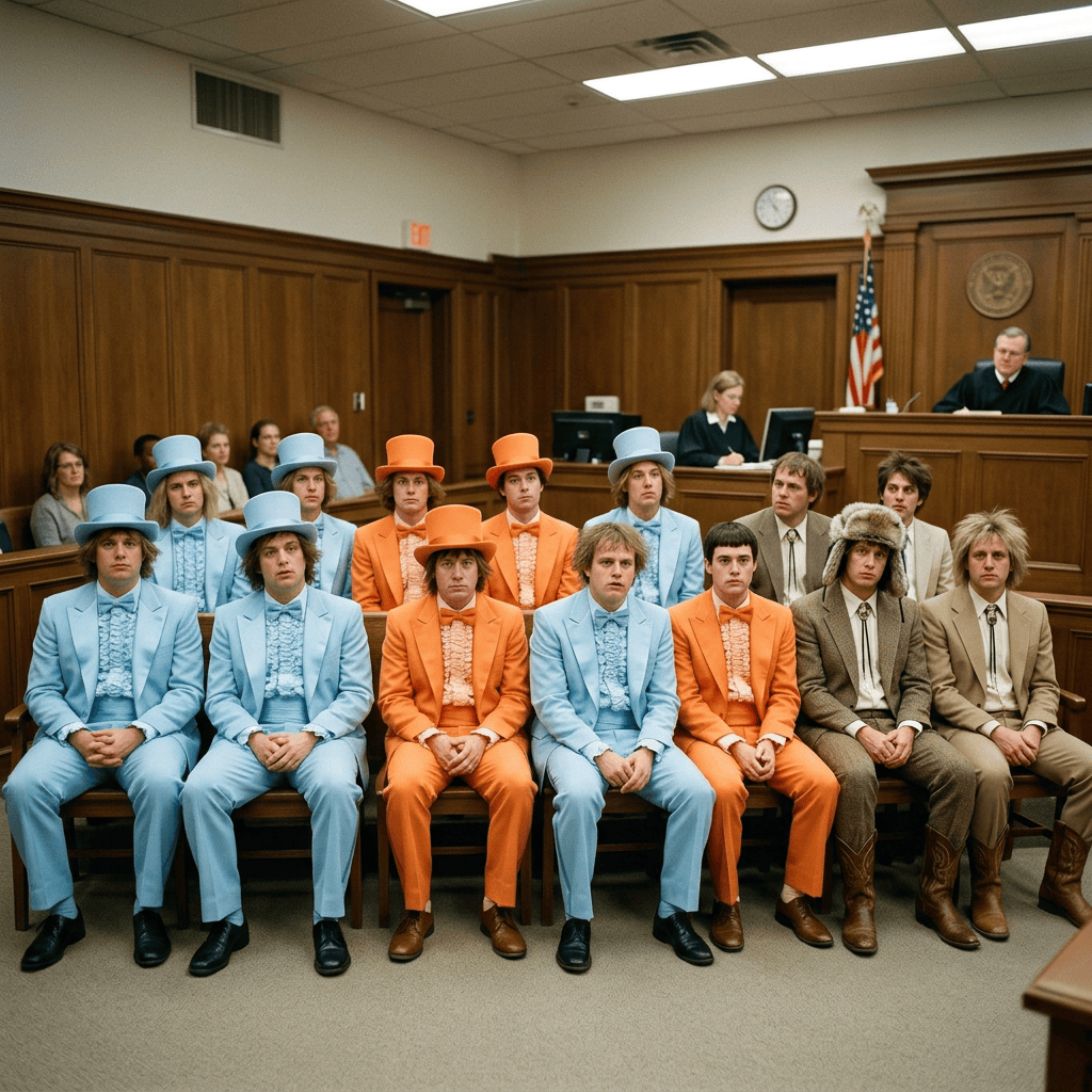 Group in colorful suits seated in a courtroom before a judge