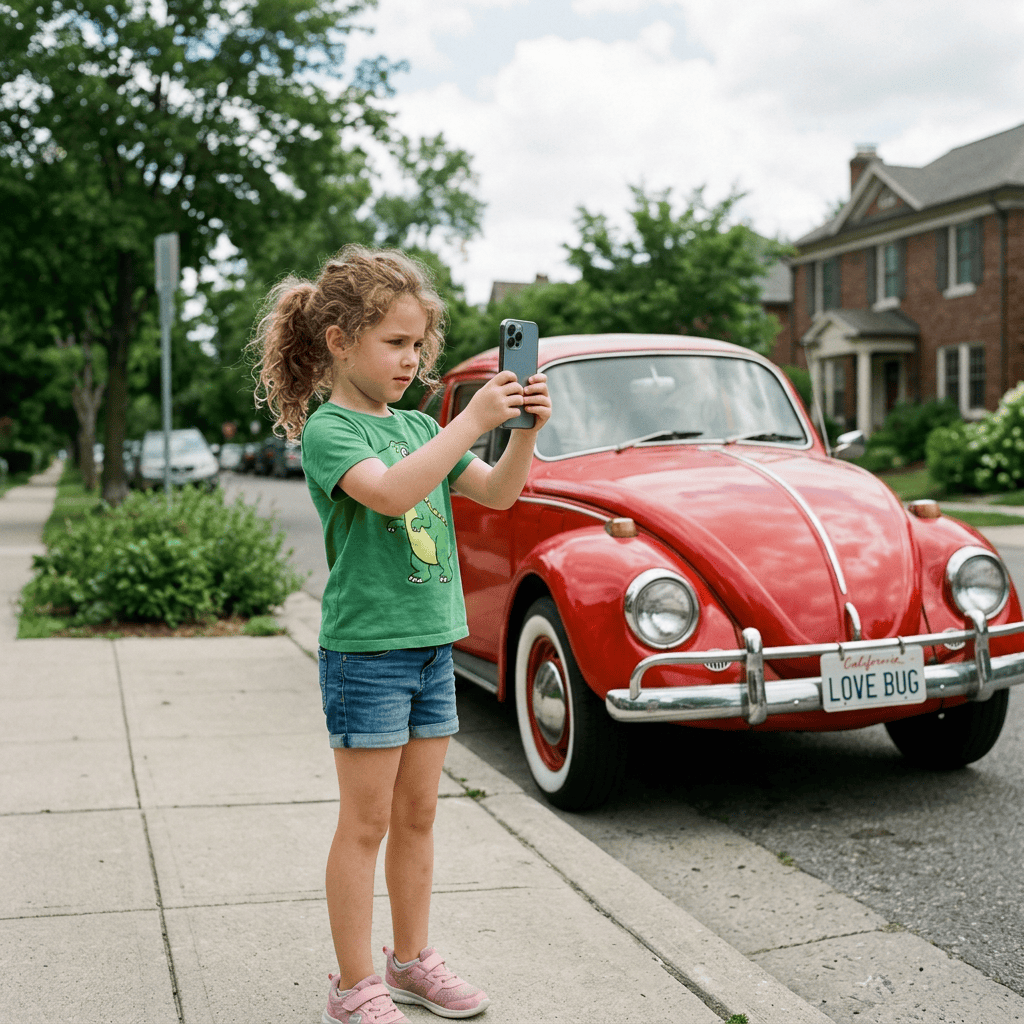 Child photographing a red vintage Volkswagen Beetle with a smartphone