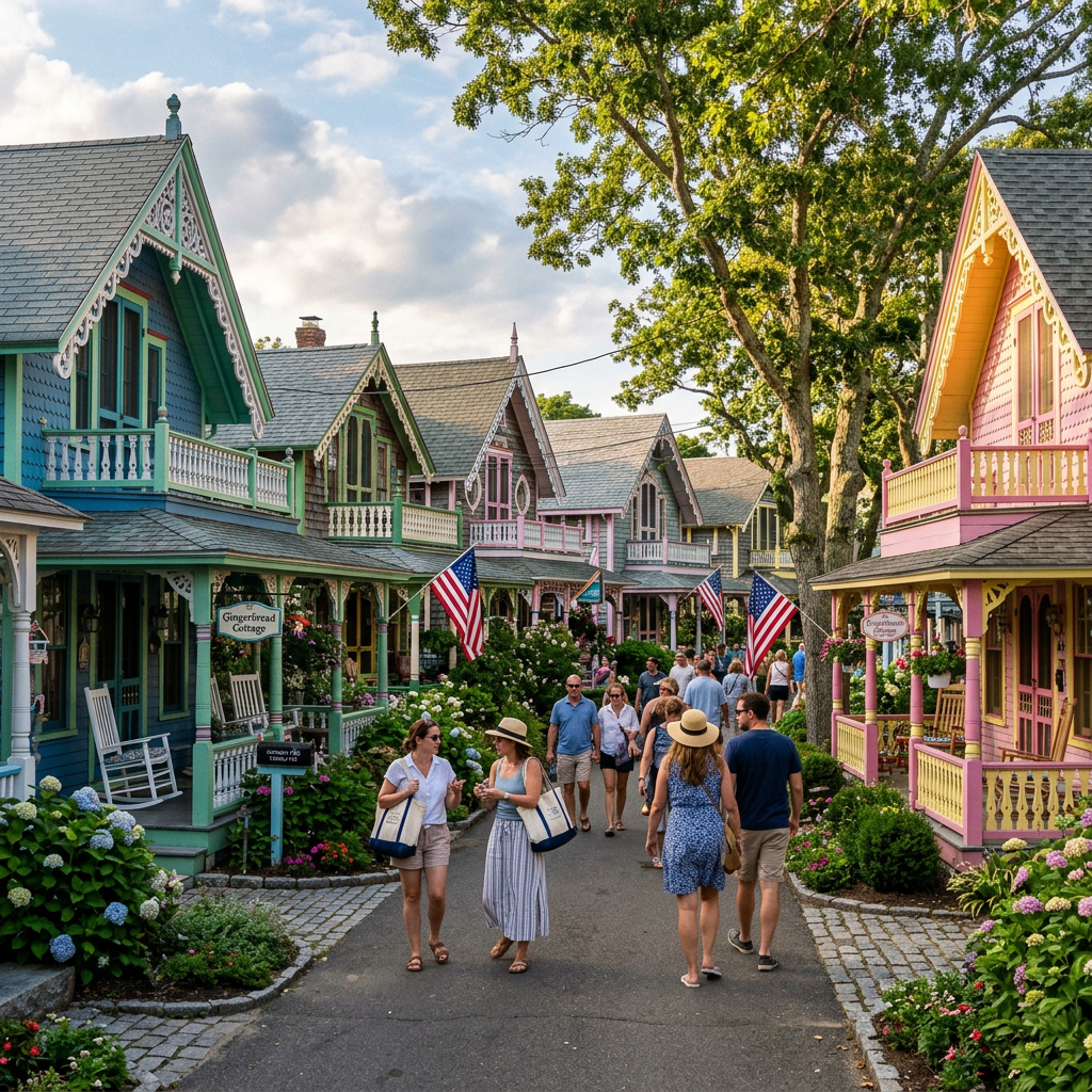 Visitors stroll between colorful cottages, including a sign reading “Gingerbread Cottage.”