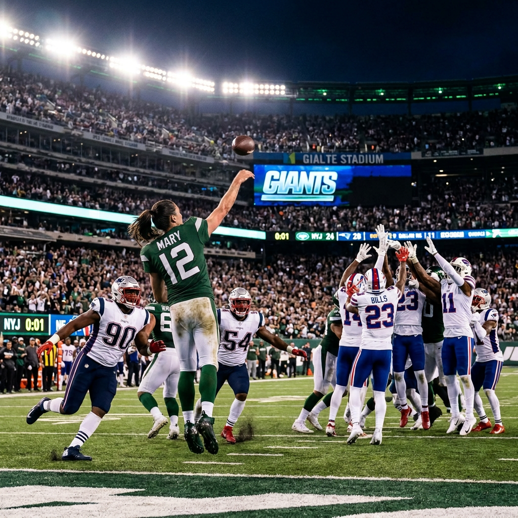 Giants quarterback Rodgers throws a football as Bills defenders reach to block it