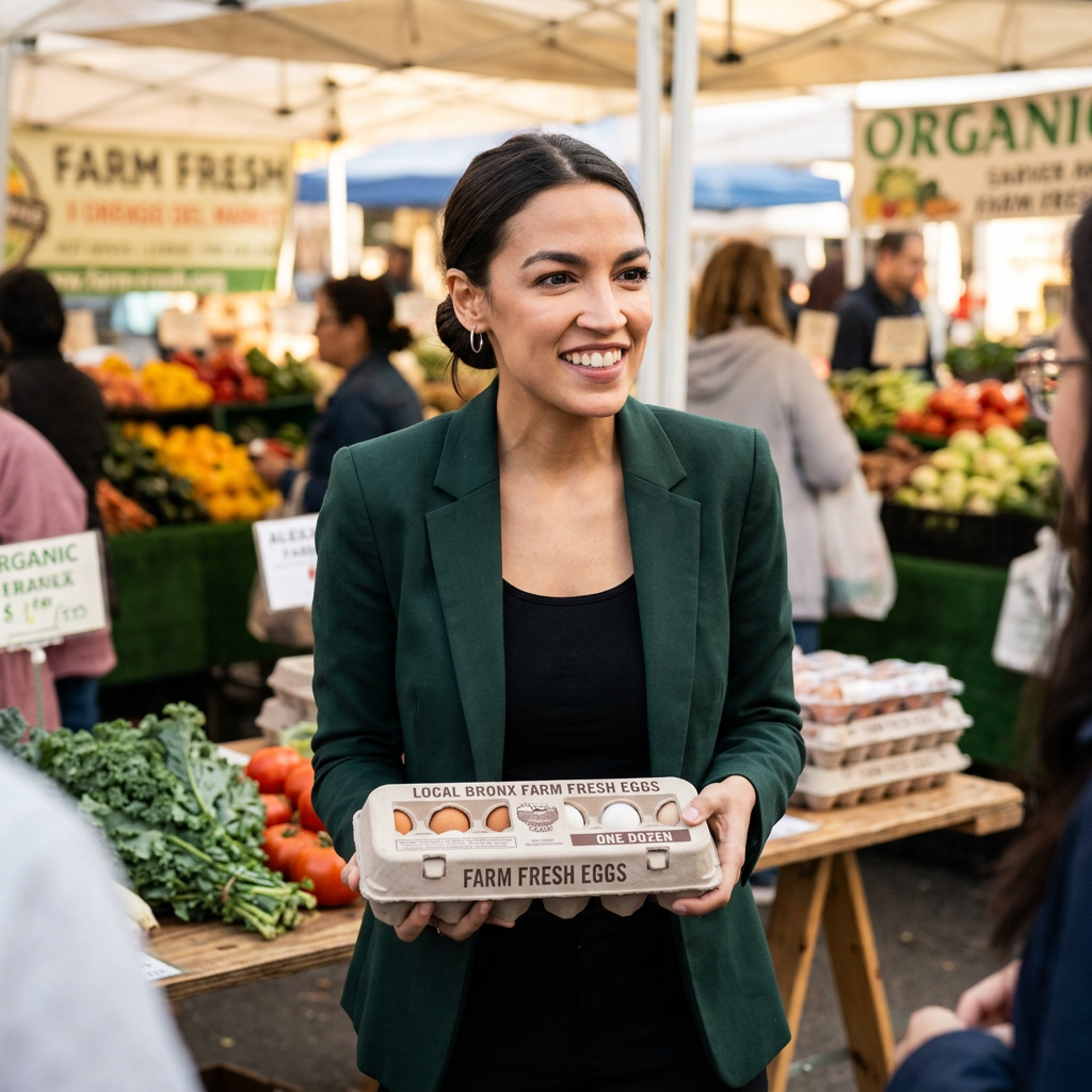 Smiling woman holding carton labeled Local Bronx Farm Fresh Eggs