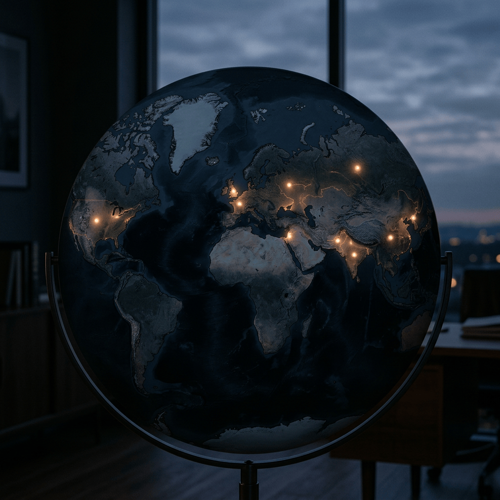 Dark globe with glowing lights marking cities across continents