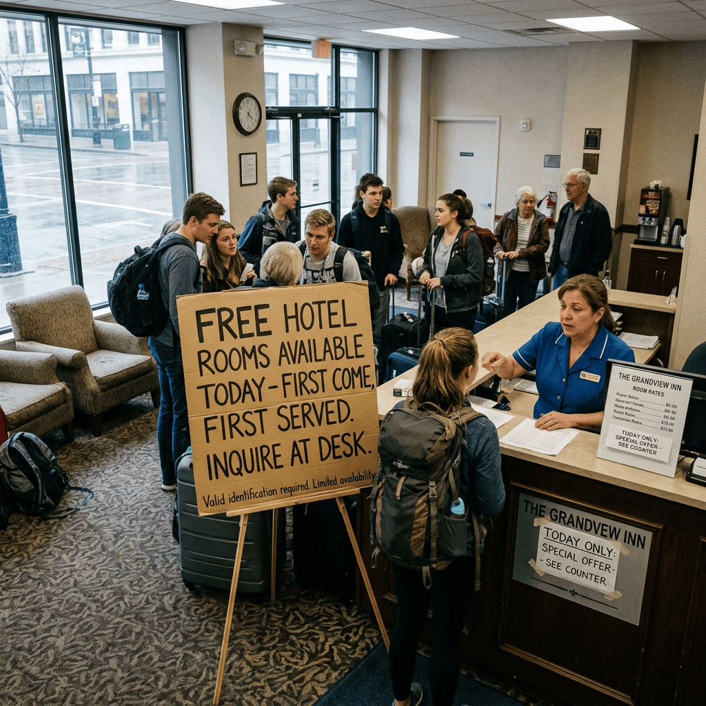 Hotel lobby with travelers and luggage beside a sign reading “FREE HOTEL ROOMS AVAILABLE TODAY – FIRST COME, FIRST SERVED. INQUIRE AT DESK.”