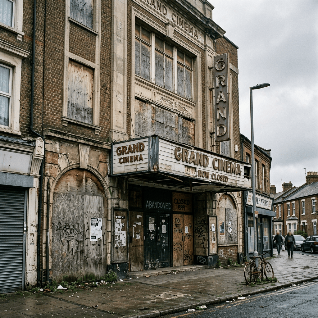 Boarded-up Grand Cinema marked “NOW CLOSED” and “ABANDONED”